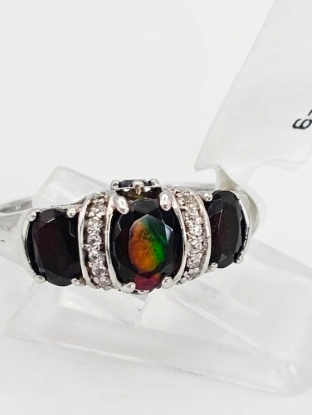 Genuine Black Opal & Zircon Ring Sterling Silver Size 9 NWT